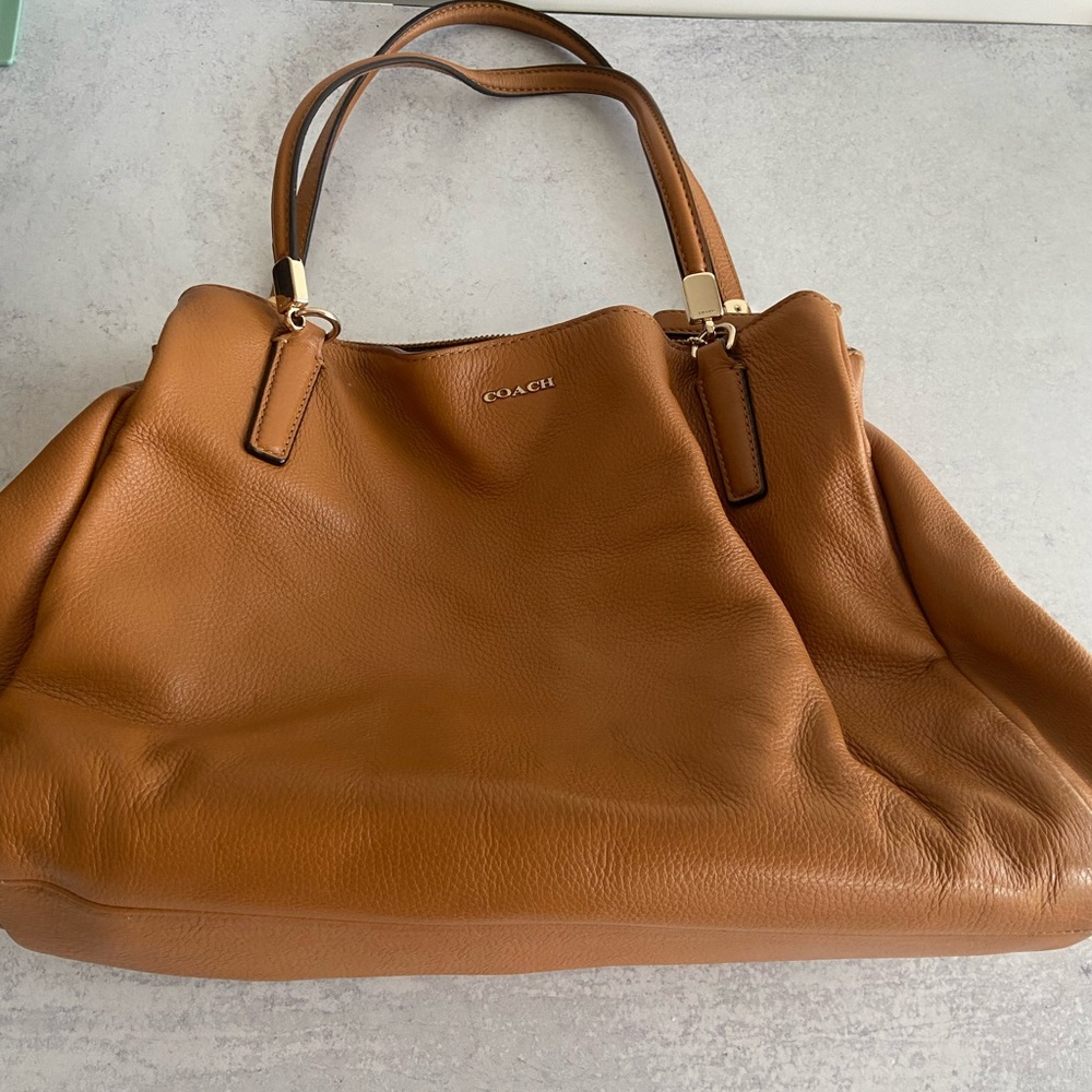 Coach tote, camel colored leather, 3 storage pouches